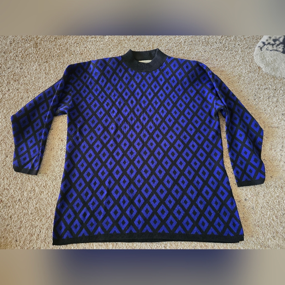 Geometric Patterned Blue and Black Womens 80s Sweater, Large
